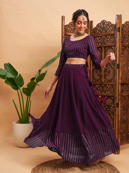 Burgundy Mukaish Work Anarkali Skirt With Crop Top