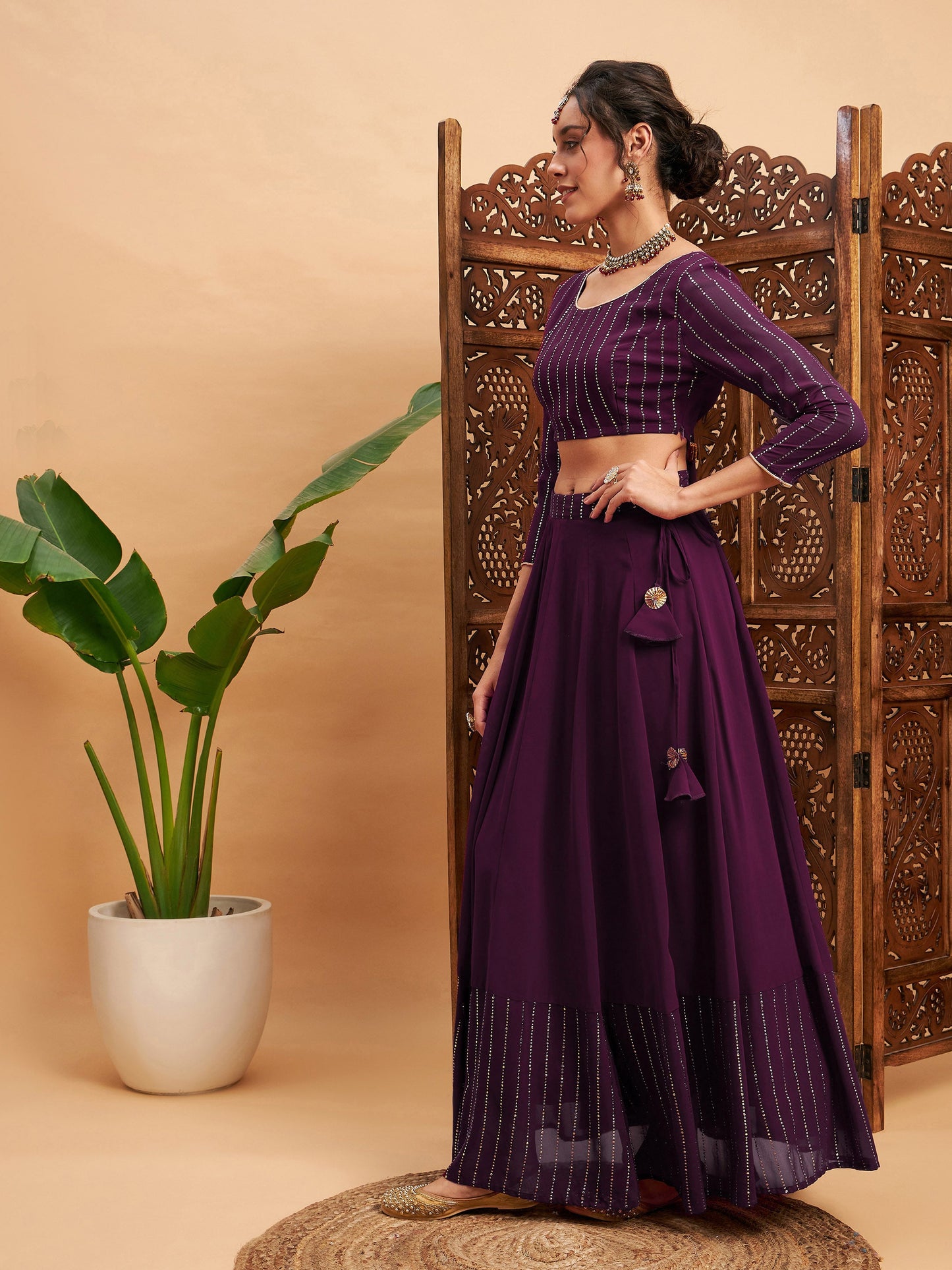 Burgundy Mukaish Work Anarkali Skirt With Crop Top