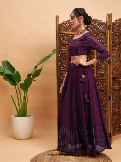 Burgundy Mukaish Work Anarkali Skirt With Crop Top