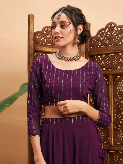 Burgundy Mukaish Work Anarkali Skirt With Crop Top