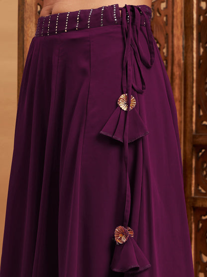 Burgundy Mukaish Work Anarkali Skirt With Crop Top