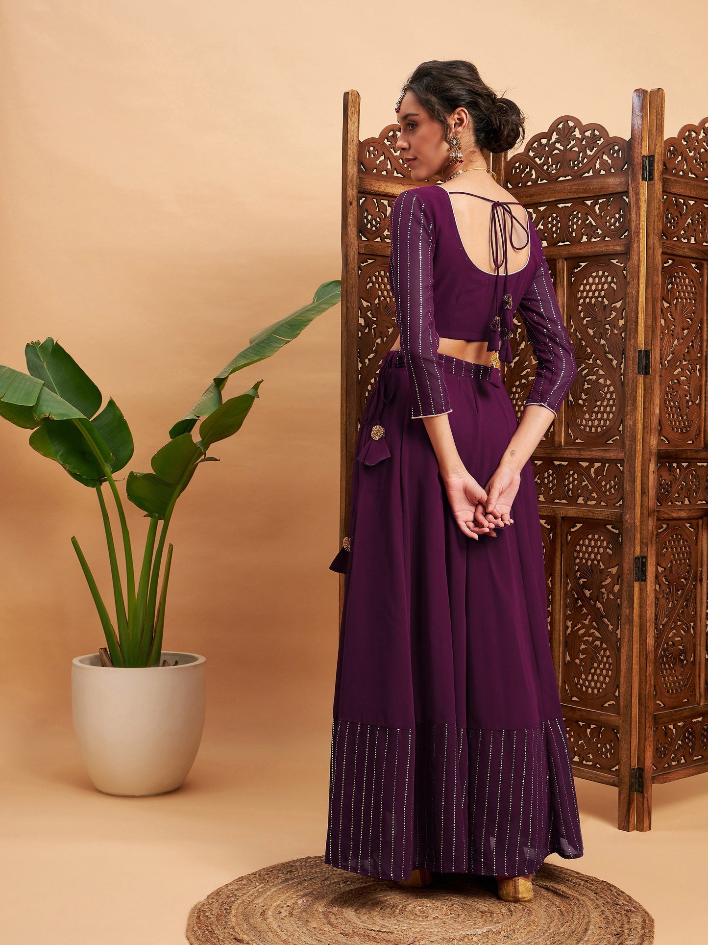 Burgundy Mukaish Work Anarkali Skirt With Crop Top