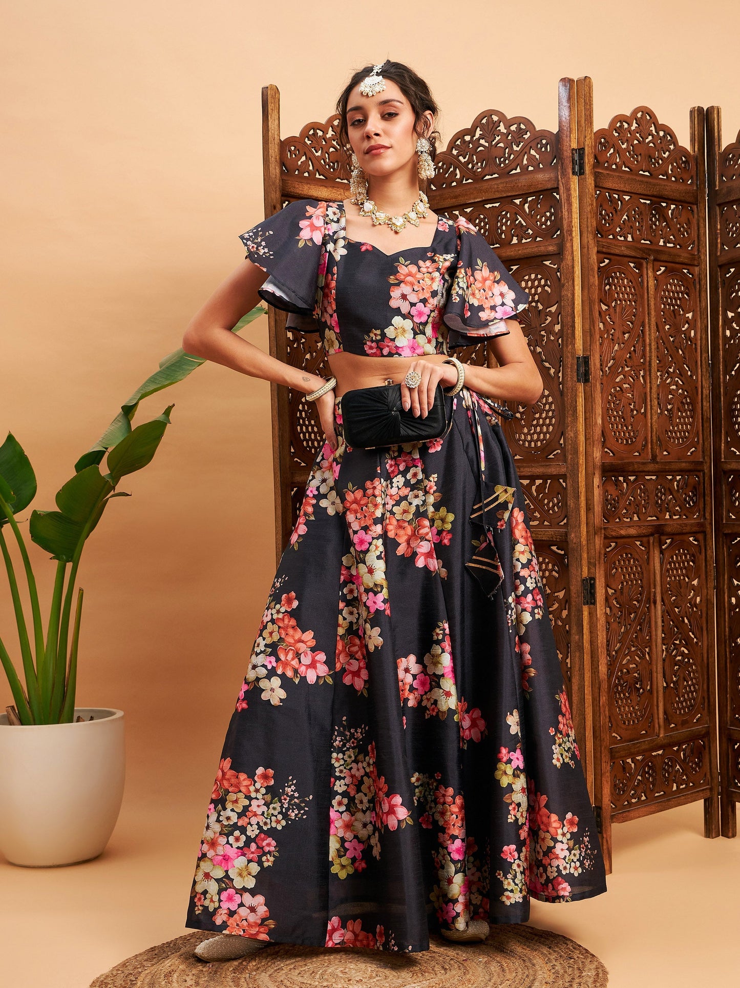 Black Floral Anarkali Skirt With Crop Top