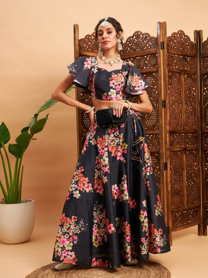 Black Floral Anarkali Skirt With Crop Top
