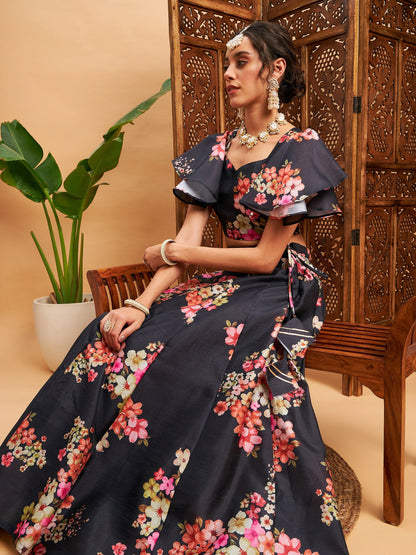 Black Floral Anarkali Skirt With Crop Top