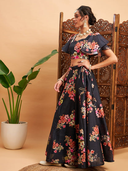Black Floral Anarkali Skirt With Crop Top