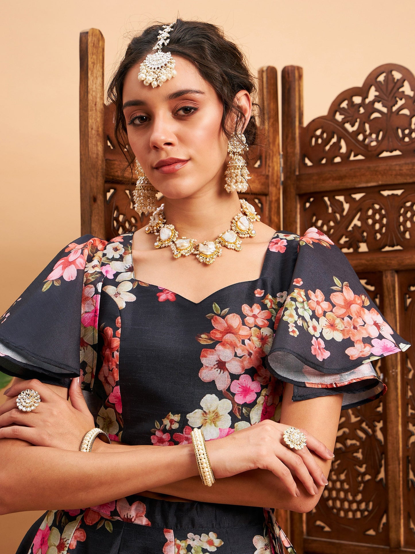 Black Floral Anarkali Skirt With Crop Top