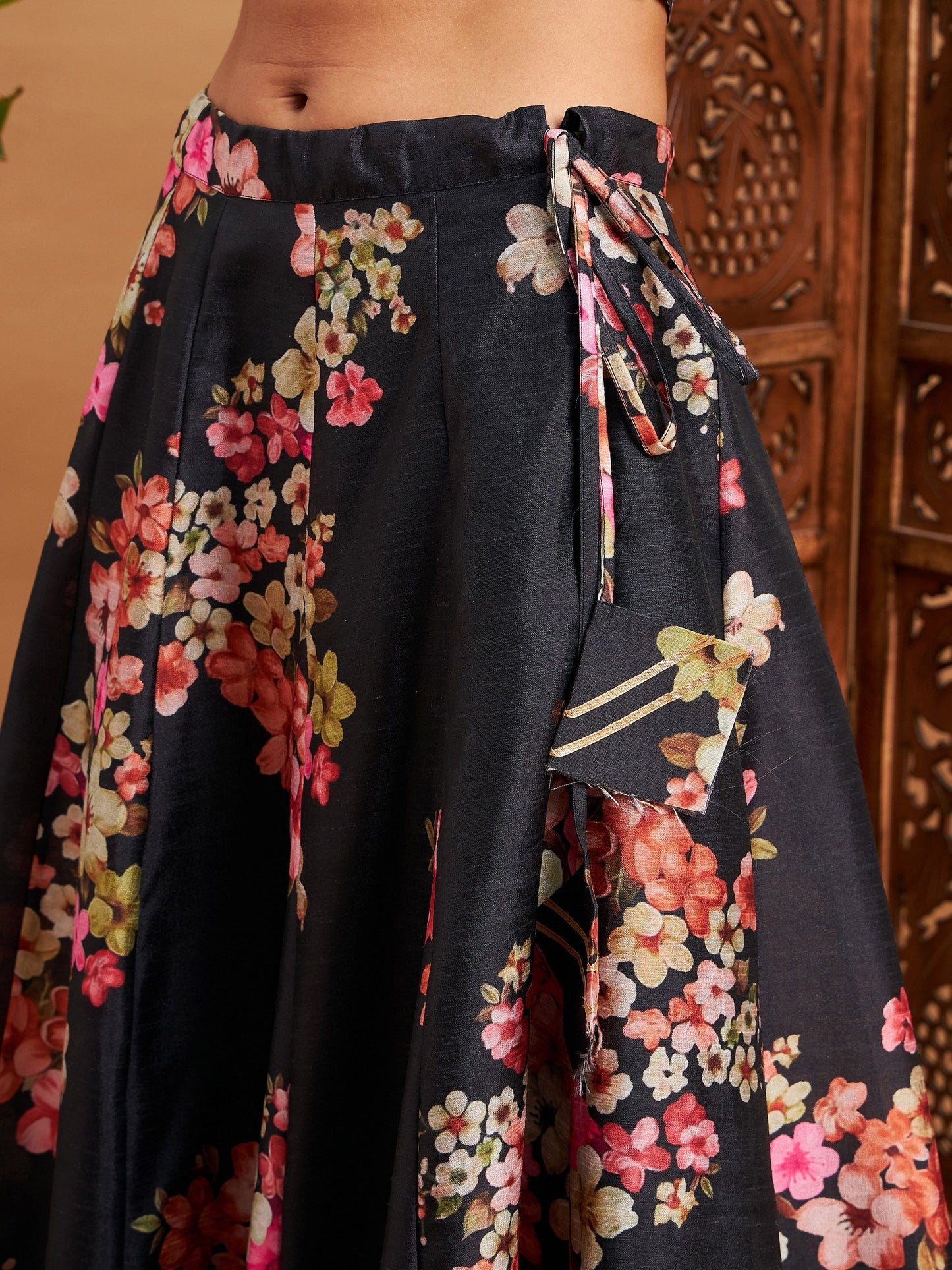 Black Floral Anarkali Skirt With Crop Top