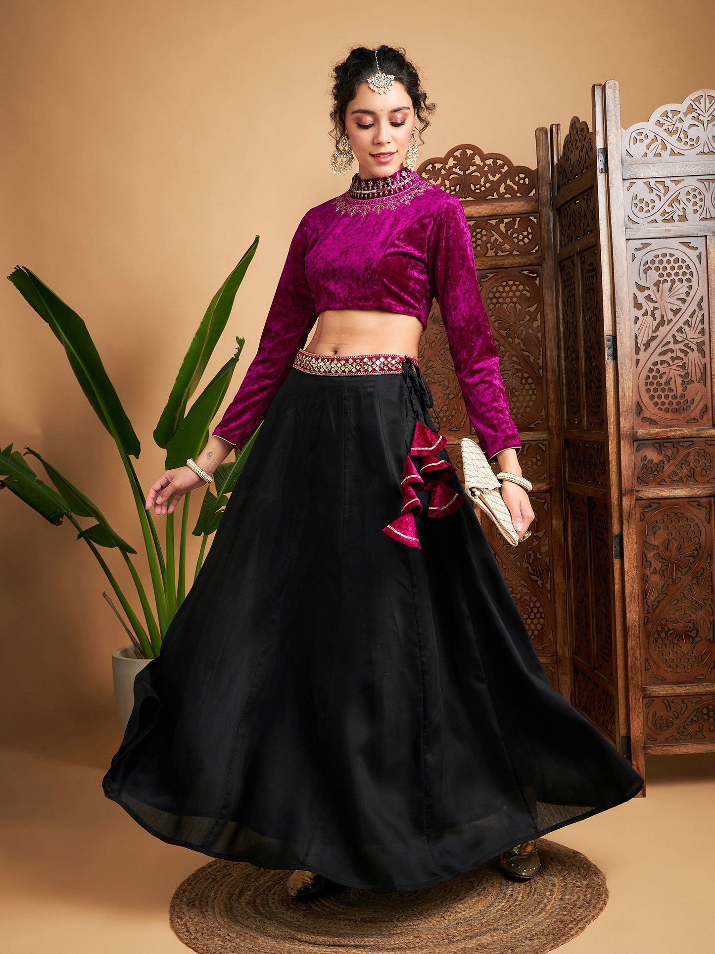 Black Solid Skirt With Fuchsia Velvet Crop Top