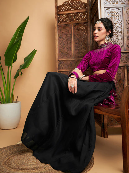 Black Solid Skirt With Fuchsia Velvet Crop Top
