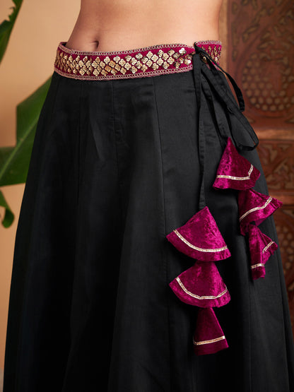Black Solid Skirt With Fuchsia Velvet Crop Top