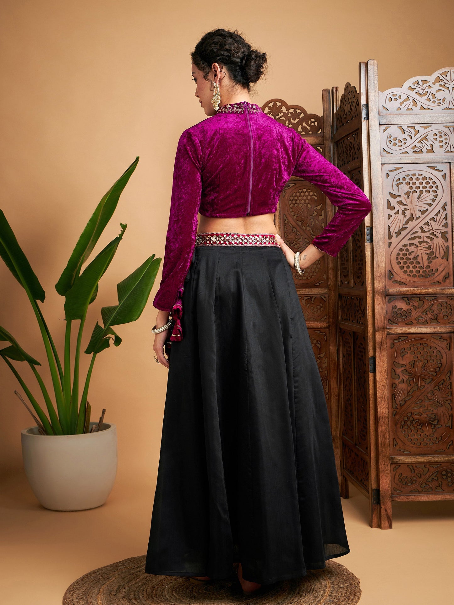 Black Solid Skirt With Fuchsia Velvet Crop Top