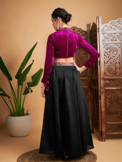 Black Solid Skirt With Fuchsia Velvet Crop Top