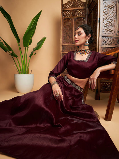 Maroon Embroidered Anarkali Skirt With Crop Top