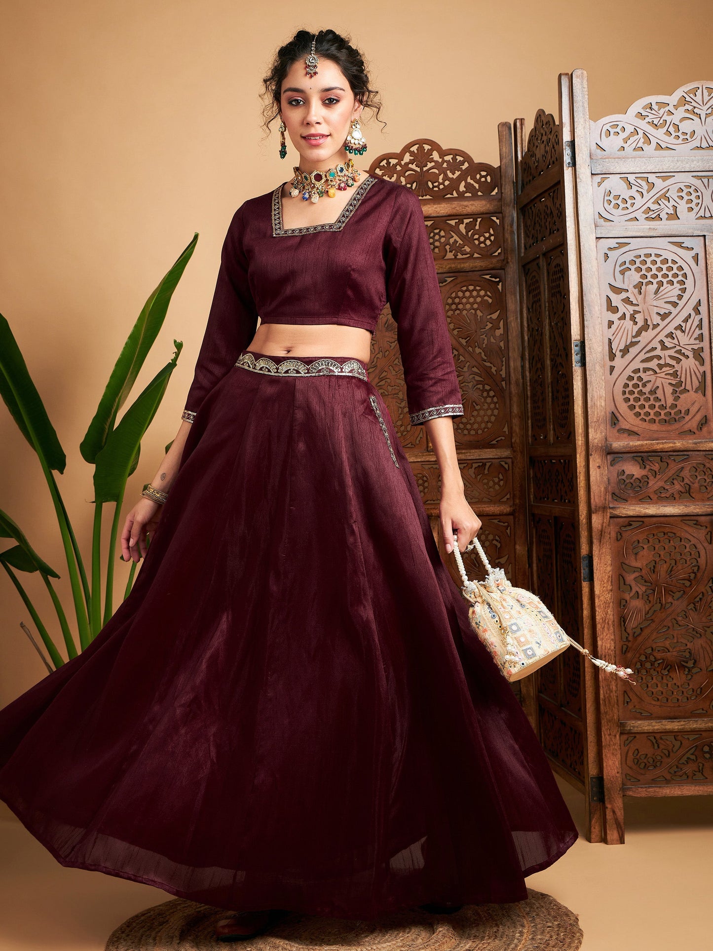 Maroon Embroidered Anarkali Skirt With Crop Top