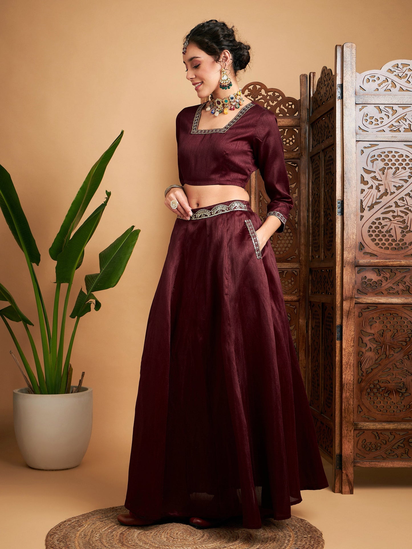 Maroon Embroidered Anarkali Skirt With Crop Top