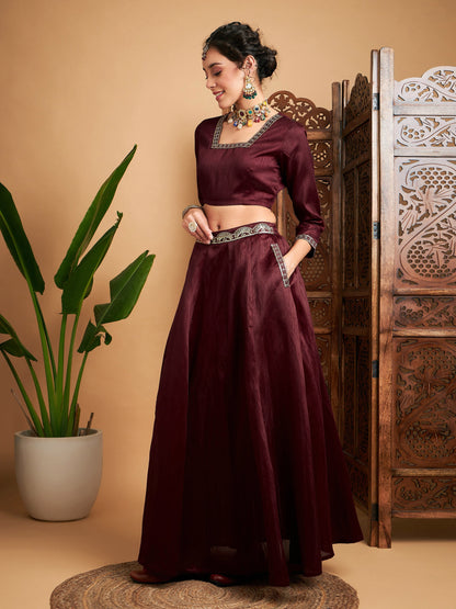 Maroon Embroidered Anarkali Skirt With Crop Top