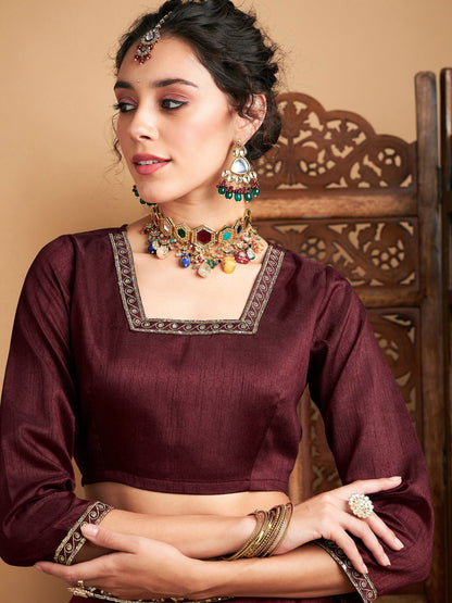 Maroon Embroidered Anarkali Skirt With Crop Top