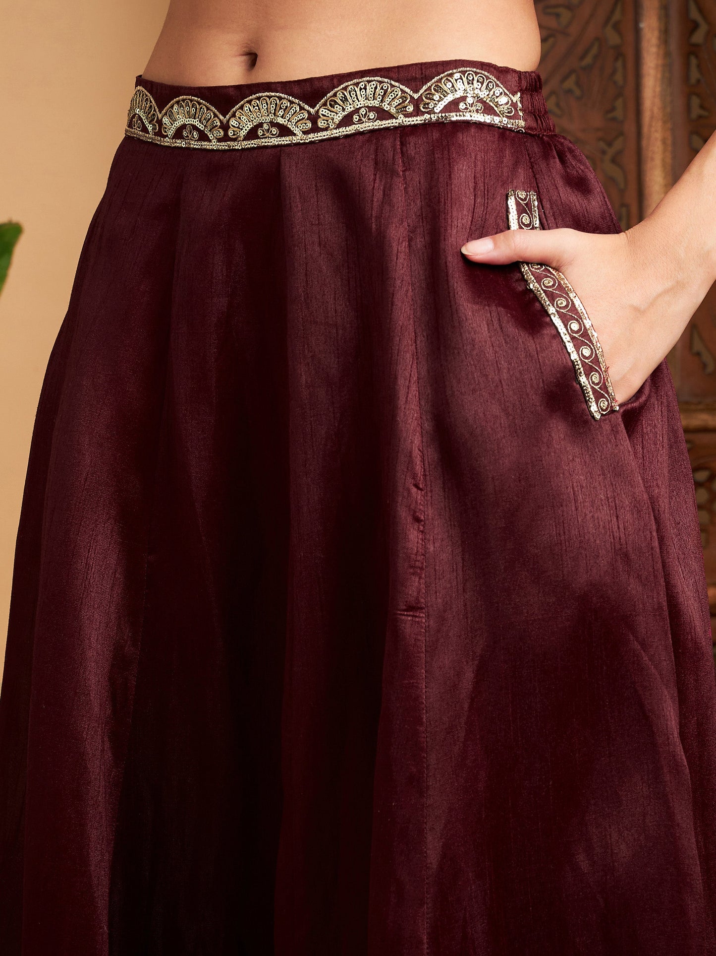 Maroon Embroidered Anarkali Skirt With Crop Top