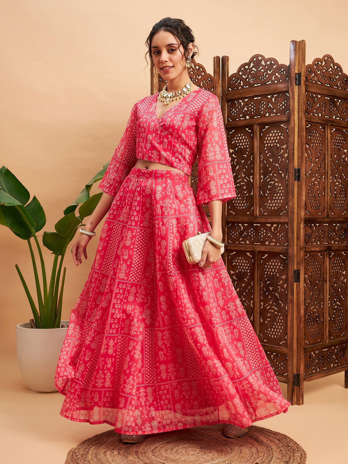 Pink Floral Anarkali Skirt With Wrap Crop Top