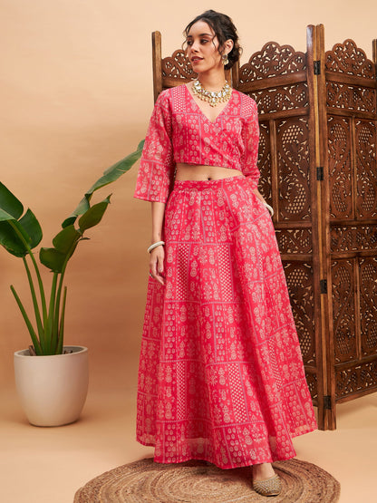 Pink Floral Anarkali Skirt With Wrap Crop Top