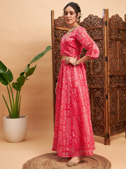 Pink Floral Anarkali Skirt With Wrap Crop Top
