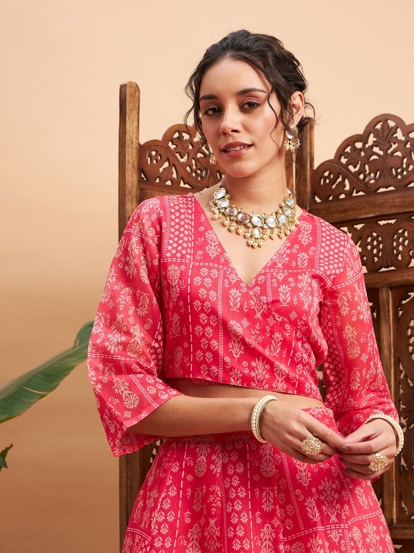 Pink Floral Anarkali Skirt With Wrap Crop Top