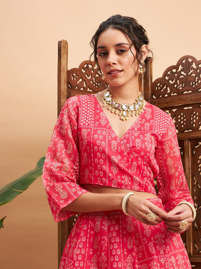 Pink Floral Anarkali Skirt With Wrap Crop Top