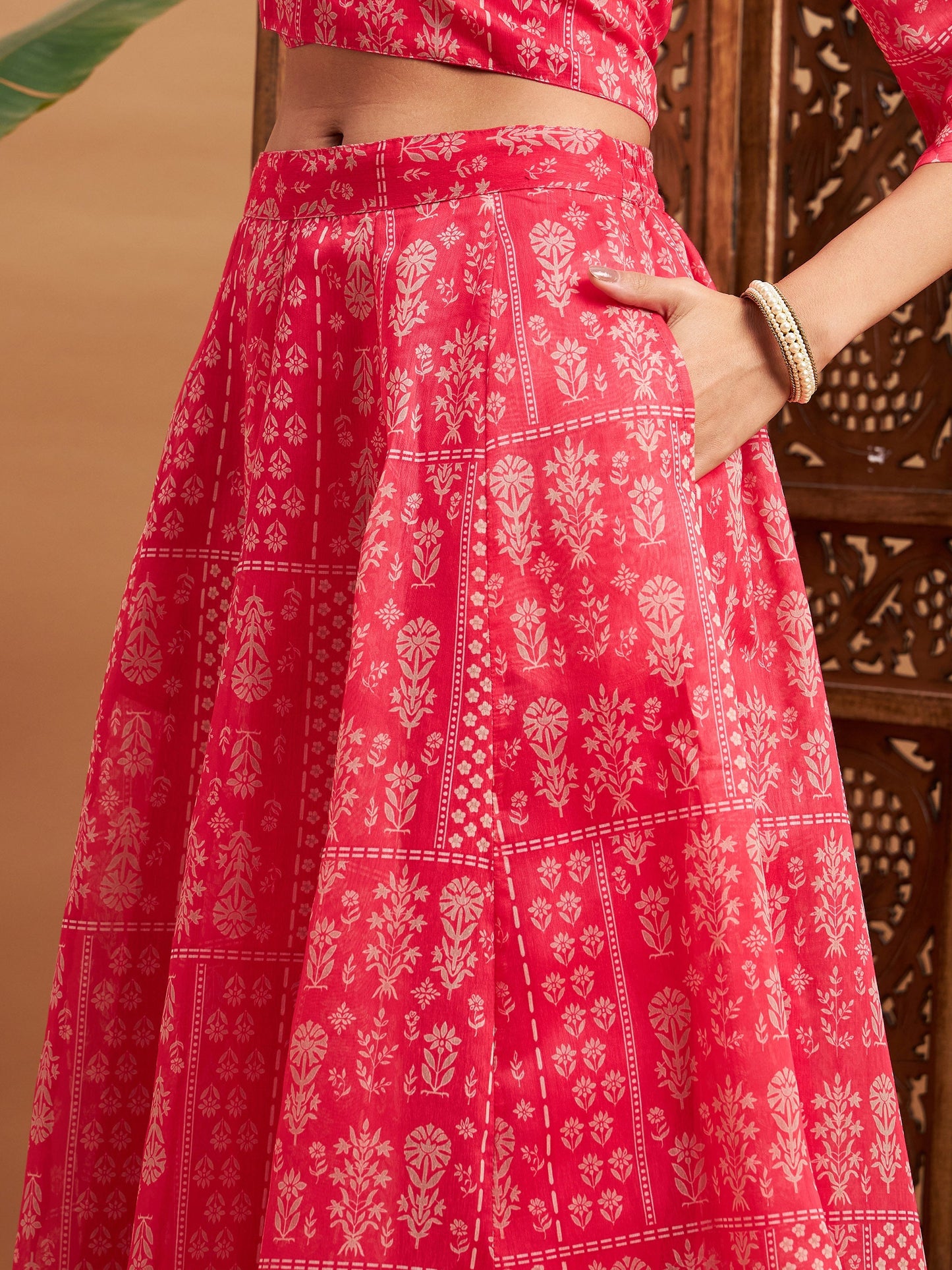 Pink Floral Anarkali Skirt With Wrap Crop Top
