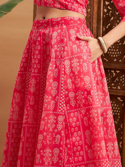 Pink Floral Anarkali Skirt With Wrap Crop Top