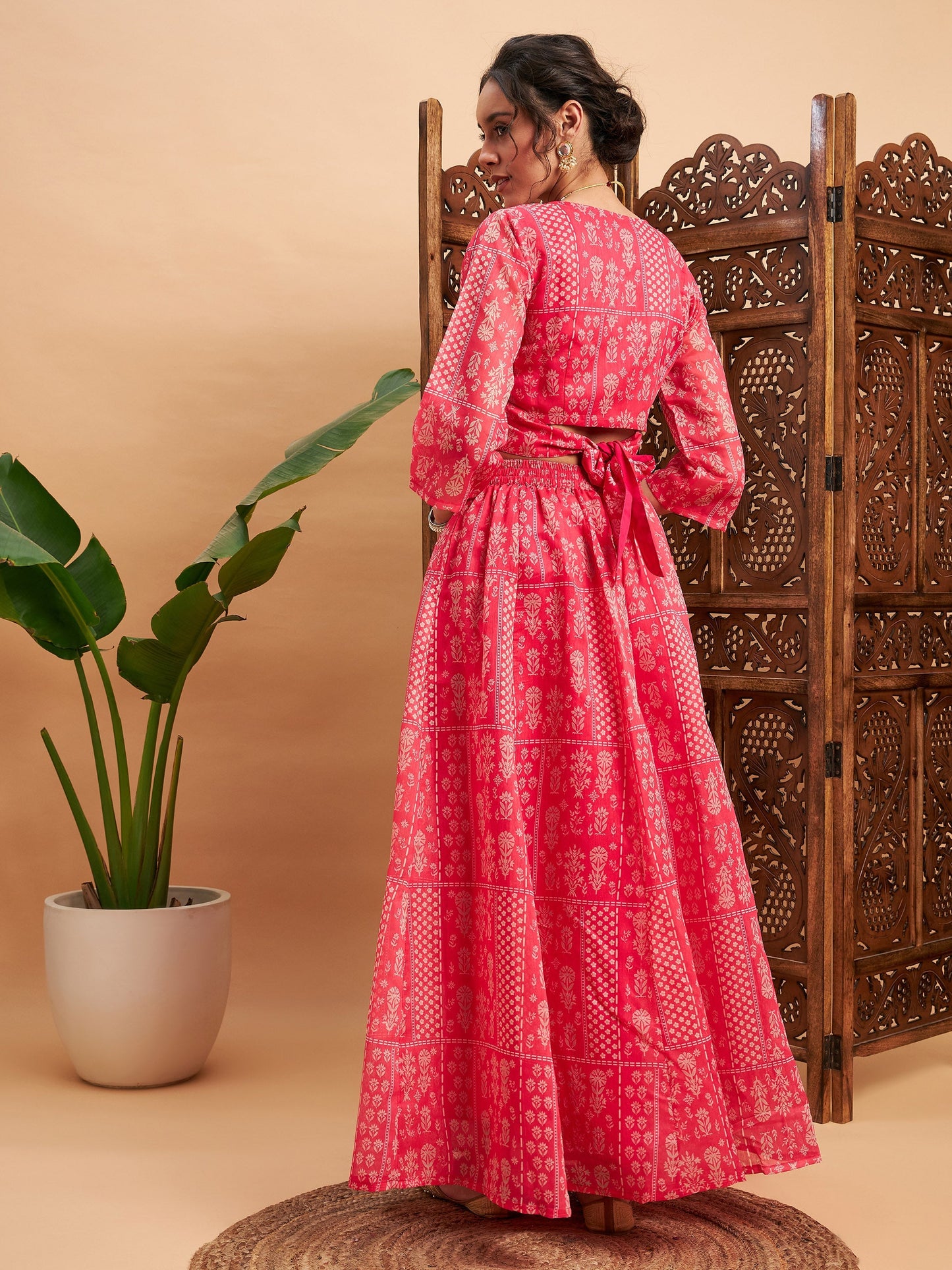 Pink Floral Anarkali Skirt With Wrap Crop Top