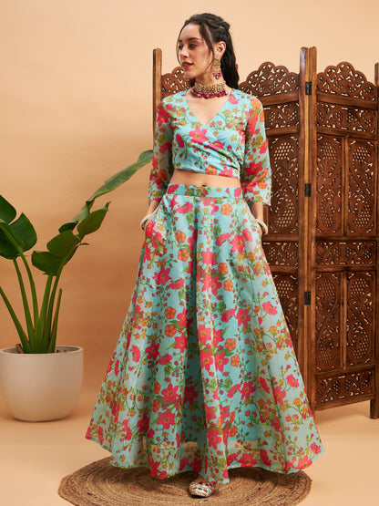 Blue Floral Anarkali Skirt With Wrap Crop Top