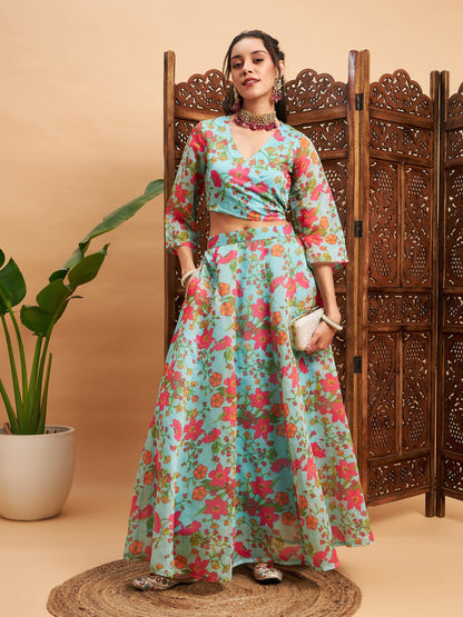 Blue Floral Anarkali Skirt With Wrap Crop Top