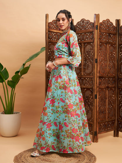 Blue Floral Anarkali Skirt With Wrap Crop Top