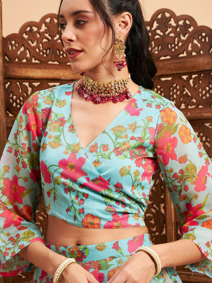 Blue Floral Anarkali Skirt With Wrap Crop Top