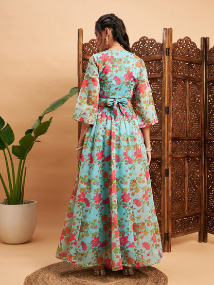 Blue Floral Anarkali Skirt With Wrap Crop Top
