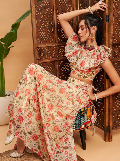 Beige Floral Anarkali Skirt With Frill Crop Top