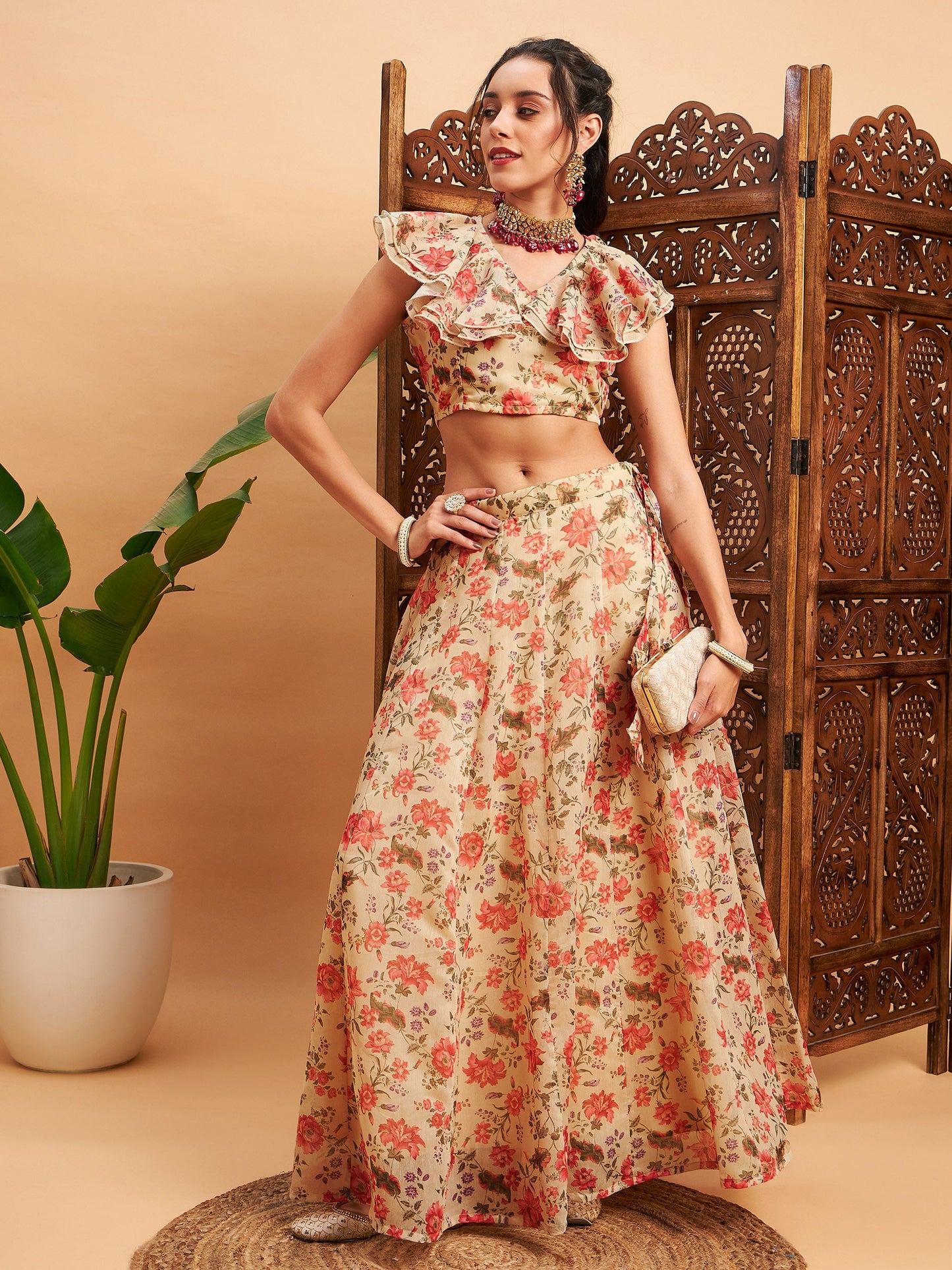 Beige Floral Anarkali Skirt With Frill Crop Top