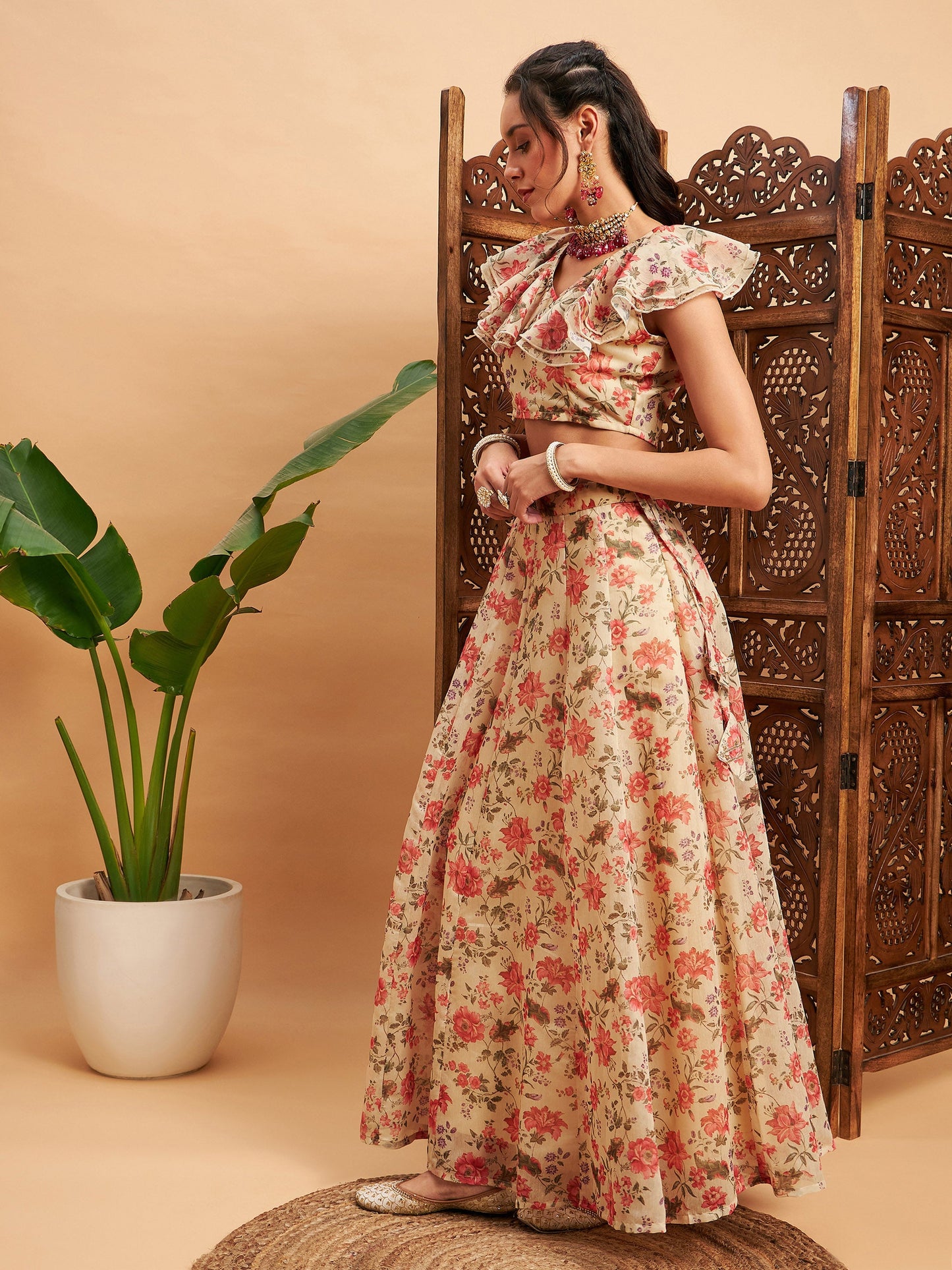 Beige Floral Anarkali Skirt With Frill Crop Top