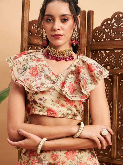 Beige Floral Anarkali Skirt With Frill Crop Top