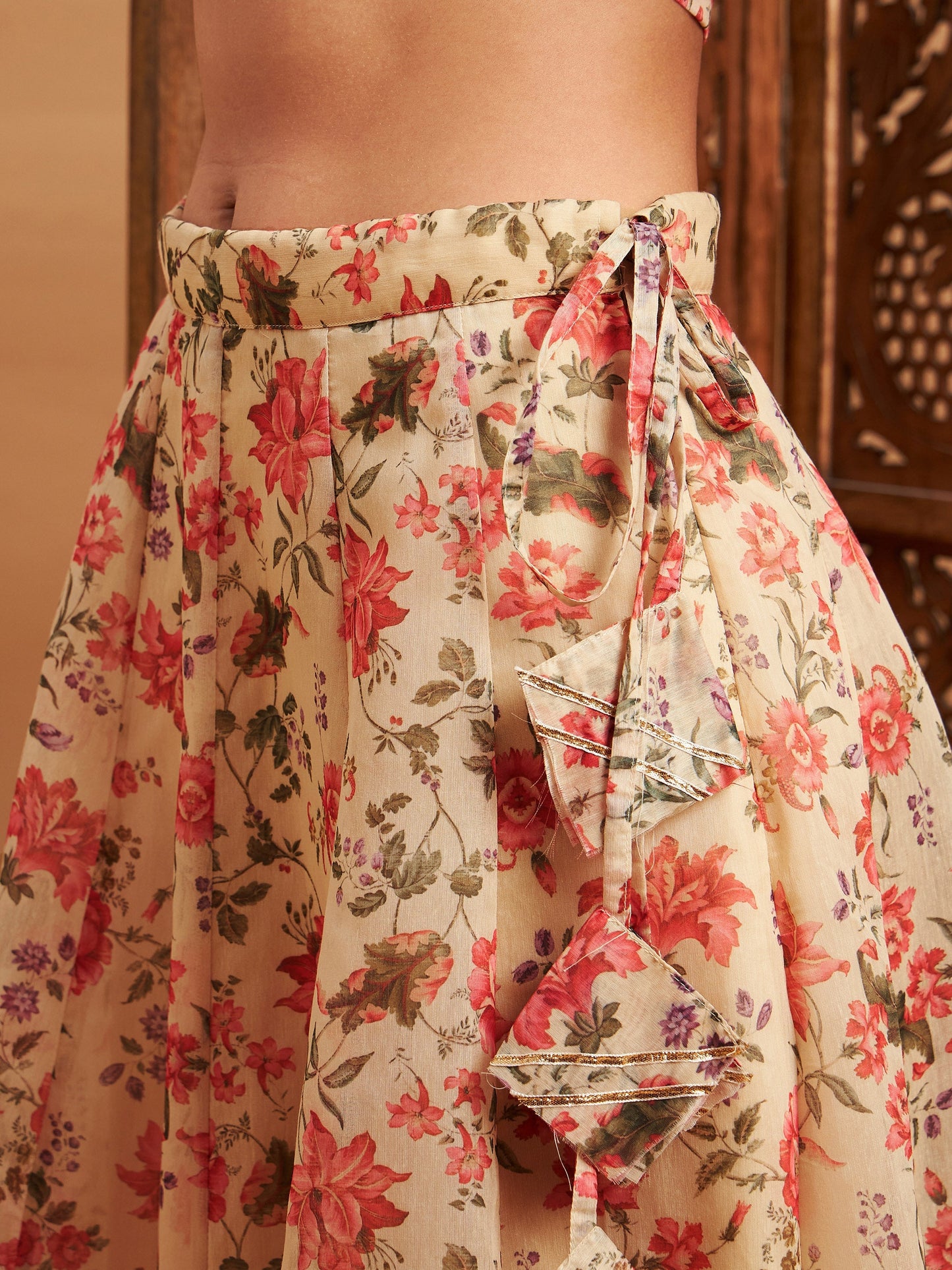 Beige Floral Anarkali Skirt With Frill Crop Top