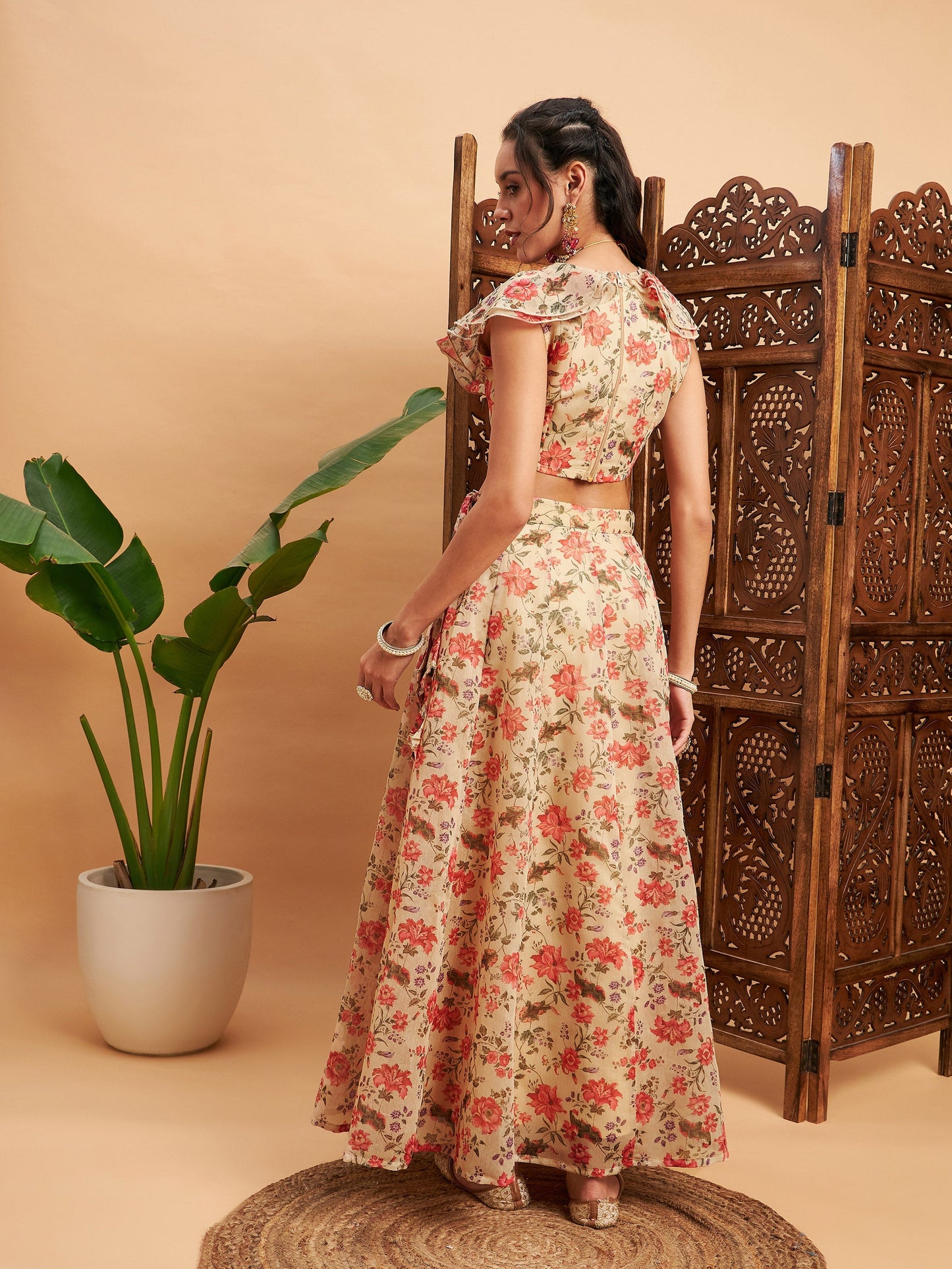 Beige Floral Anarkali Skirt With Frill Crop Top