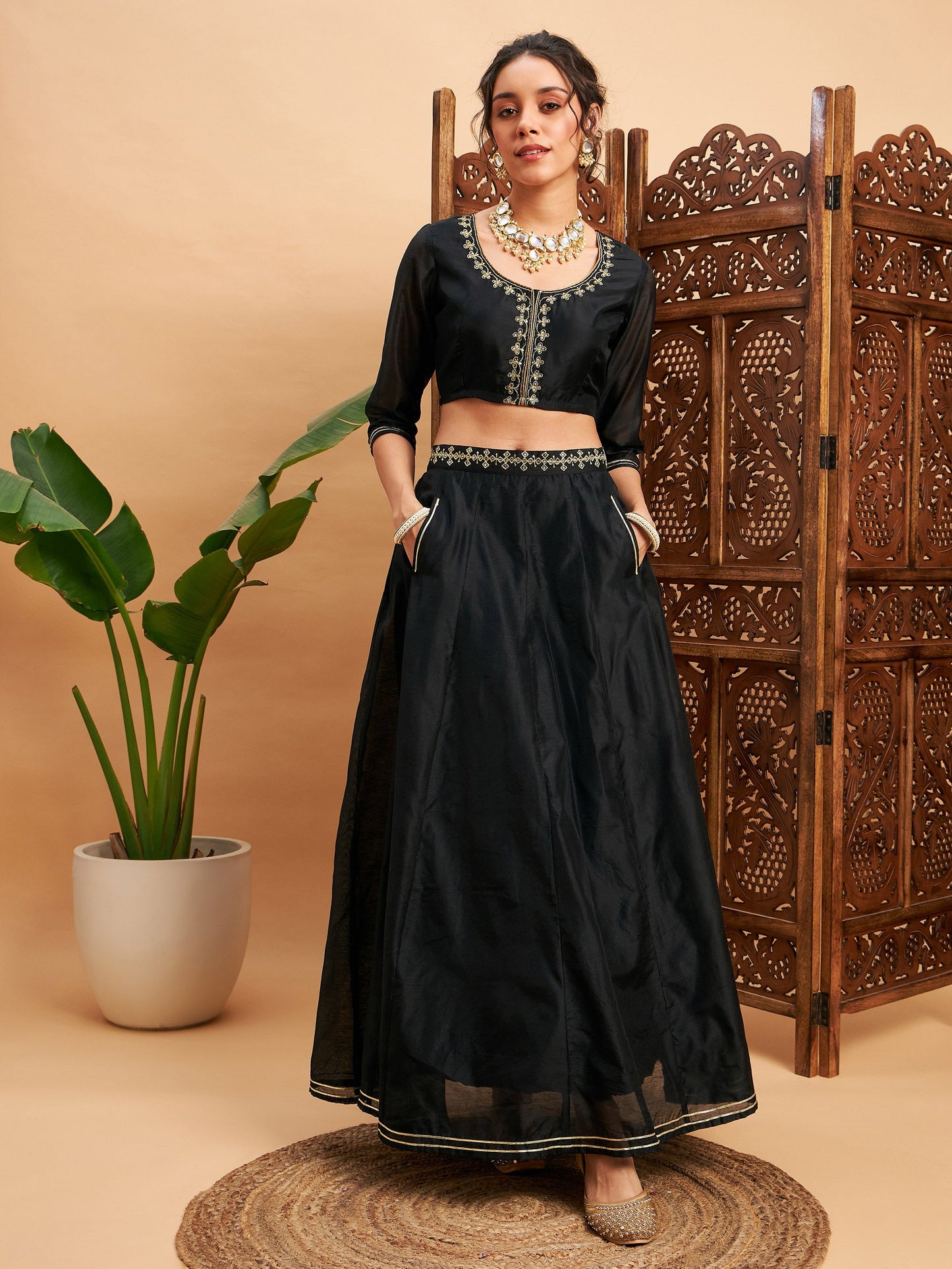 Black Embroidered Anarkali Skirt With Crop Top