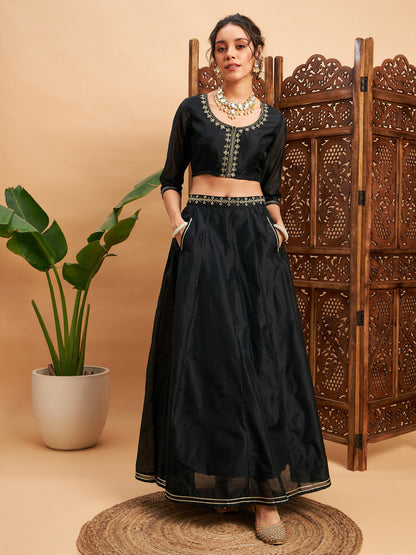 Black Embroidered Anarkali Skirt With Crop Top