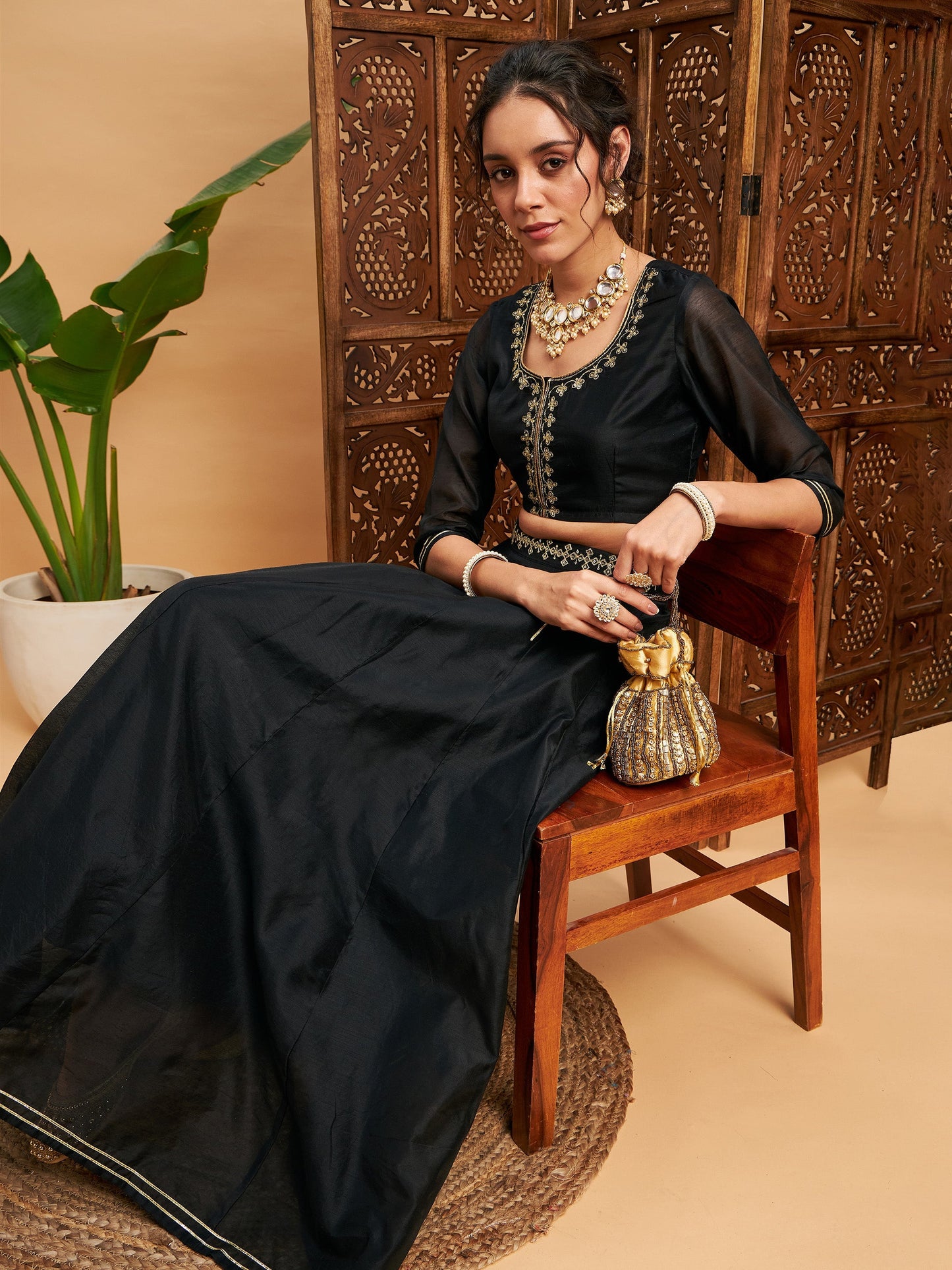 Black Embroidered Anarkali Skirt With Crop Top