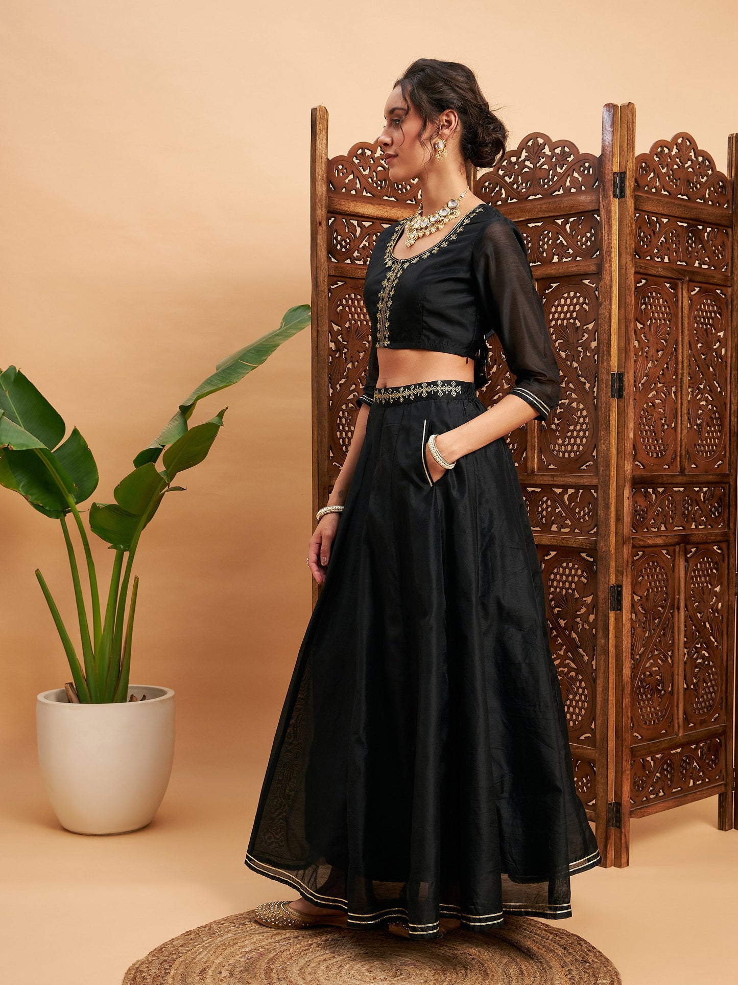 Black Embroidered Anarkali Skirt With Crop Top