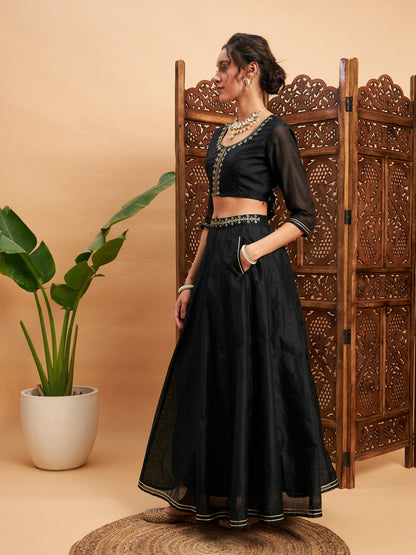 Black Embroidered Anarkali Skirt With Crop Top