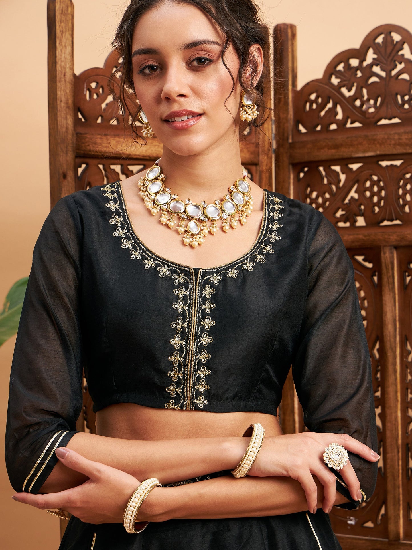 Black Embroidered Anarkali Skirt With Crop Top