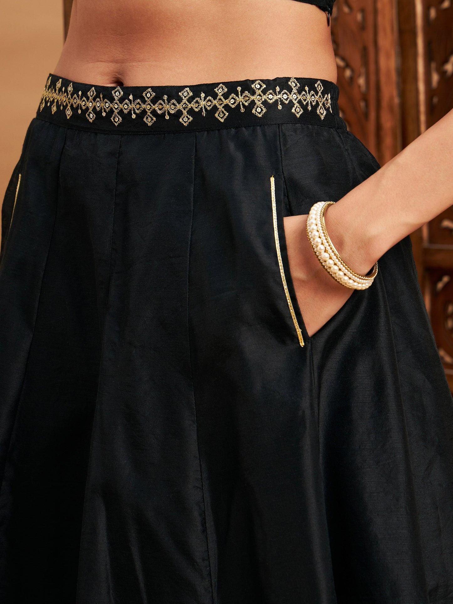 Black Embroidered Anarkali Skirt With Crop Top