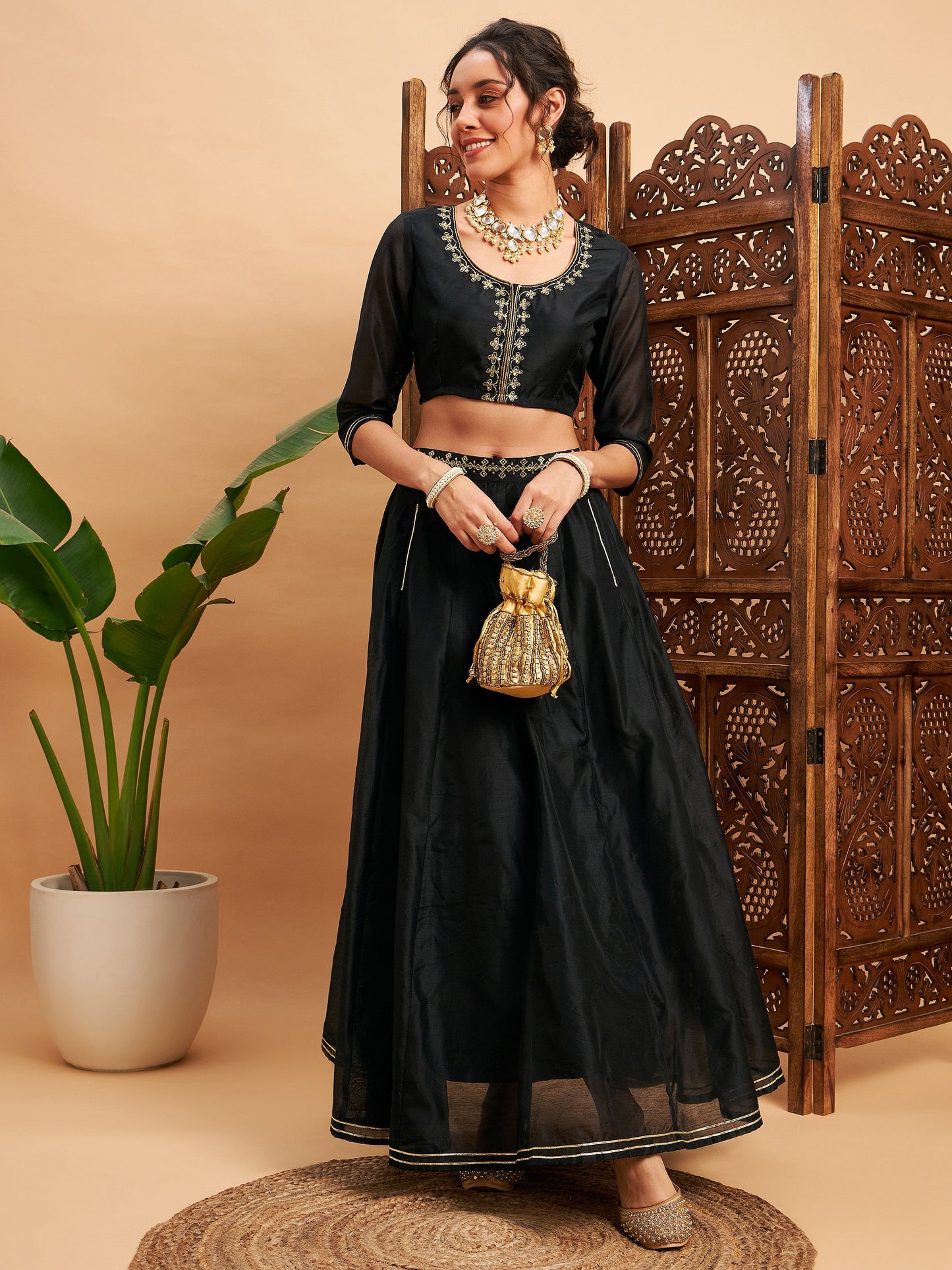 Black Embroidered Anarkali Skirt With Crop Top